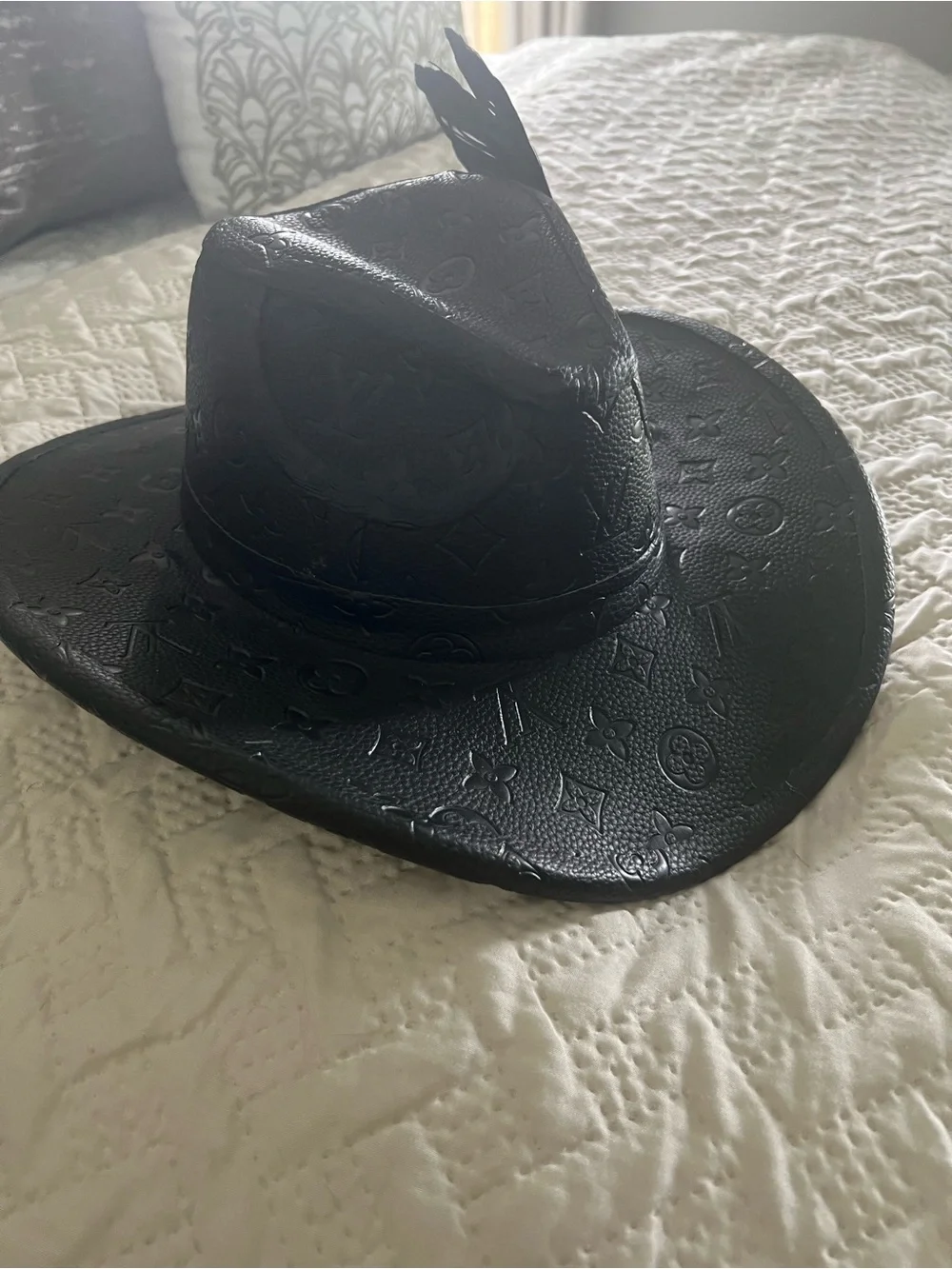 Louis Vuitton Black Monogram Embossed Feather Trim Hat